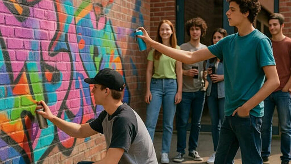 6 Jugendliche stehen vor einer Graffitiwand und 2 davon sprühen