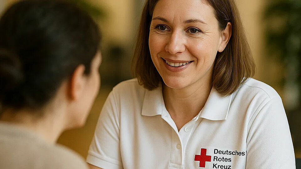 2 Frauen sprechen miteinander und schauen sich an. Die eine Frau trägt ein weißes DRK-Shirt